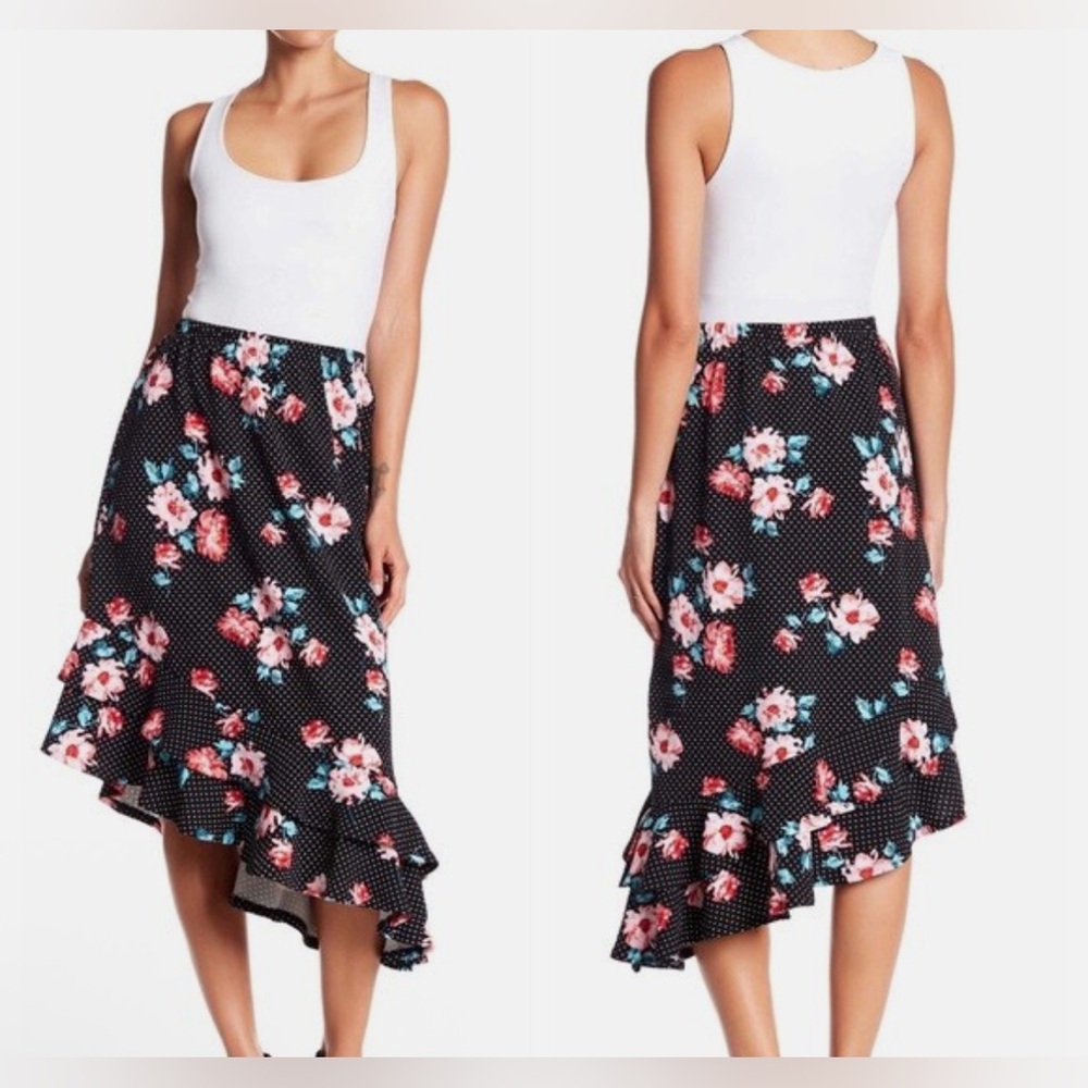 BOBEAU Asymmetrical Floral Polka dot Ruffle Hem Midi Skirt Black S NWT